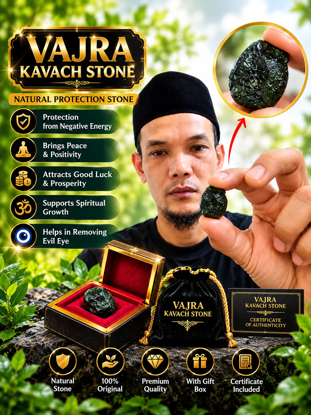 Vajra Kavach Stone – Premium Black Gold Stone